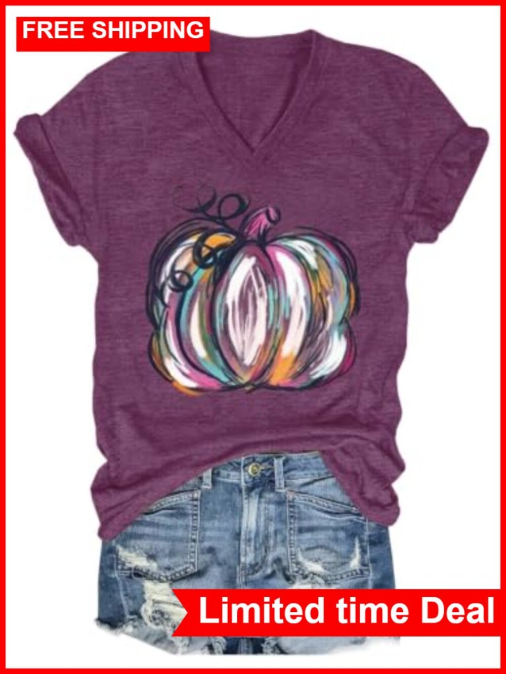 Women's V-Neck Short Sleeve T-Shirt with Cartoon Flower Graphic, Polyester